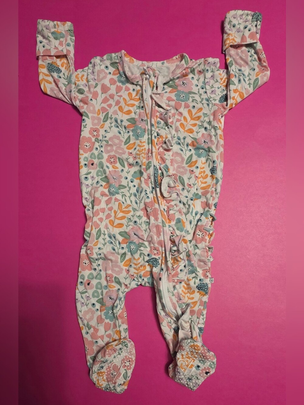 Caden Lane Pink Floral Ruffle Zip-Front Footie Pajamas